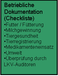 Textfeld: Betriebliche 
Dokumentation
(Checkliste)
	Futter / Ftterung
	Milchgewinnung
	Tiergesundheit
	Tierregistrierung
	Medikamenteneinsatz
	Umwelt
	berprfung durch LKV-Auditoren
